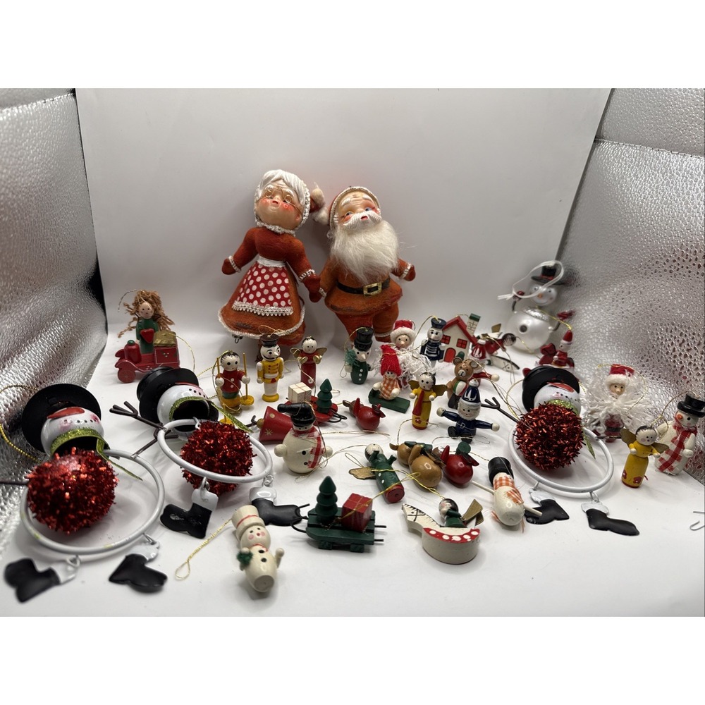 Lot Of Vintage Wooden And Flocked Holiday Christmas Estate Ornaments